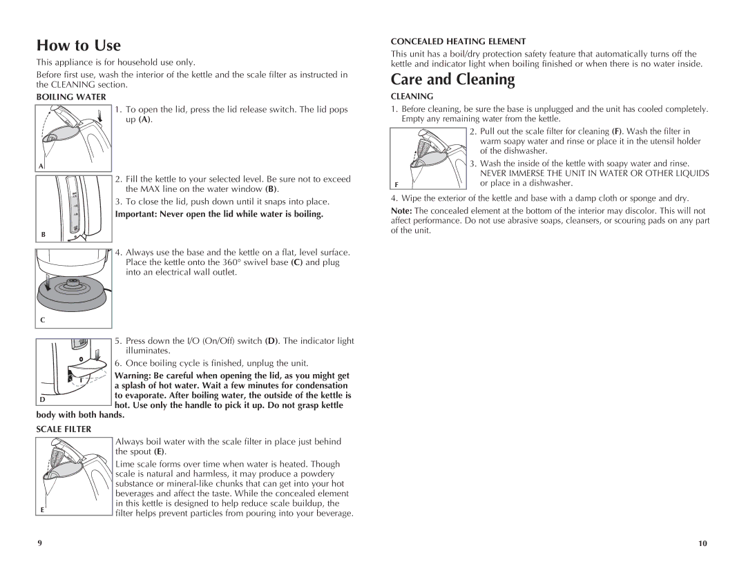 Black & Decker JKC651KT manual How to Use, Care and Cleaning 